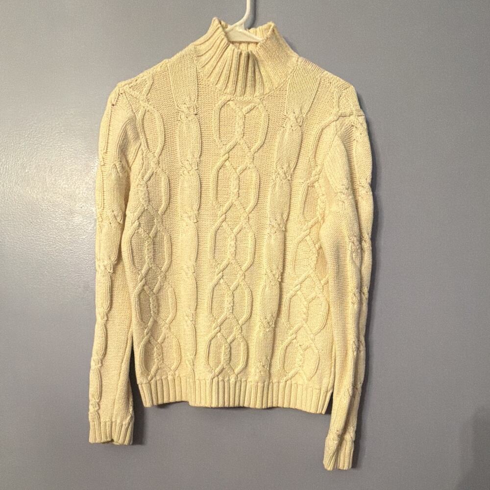 Chaps Ralph Lauren Women Cream Cable Knit Mock Sweater Fisherman VNTG Preppy M - Picture 3 of 9